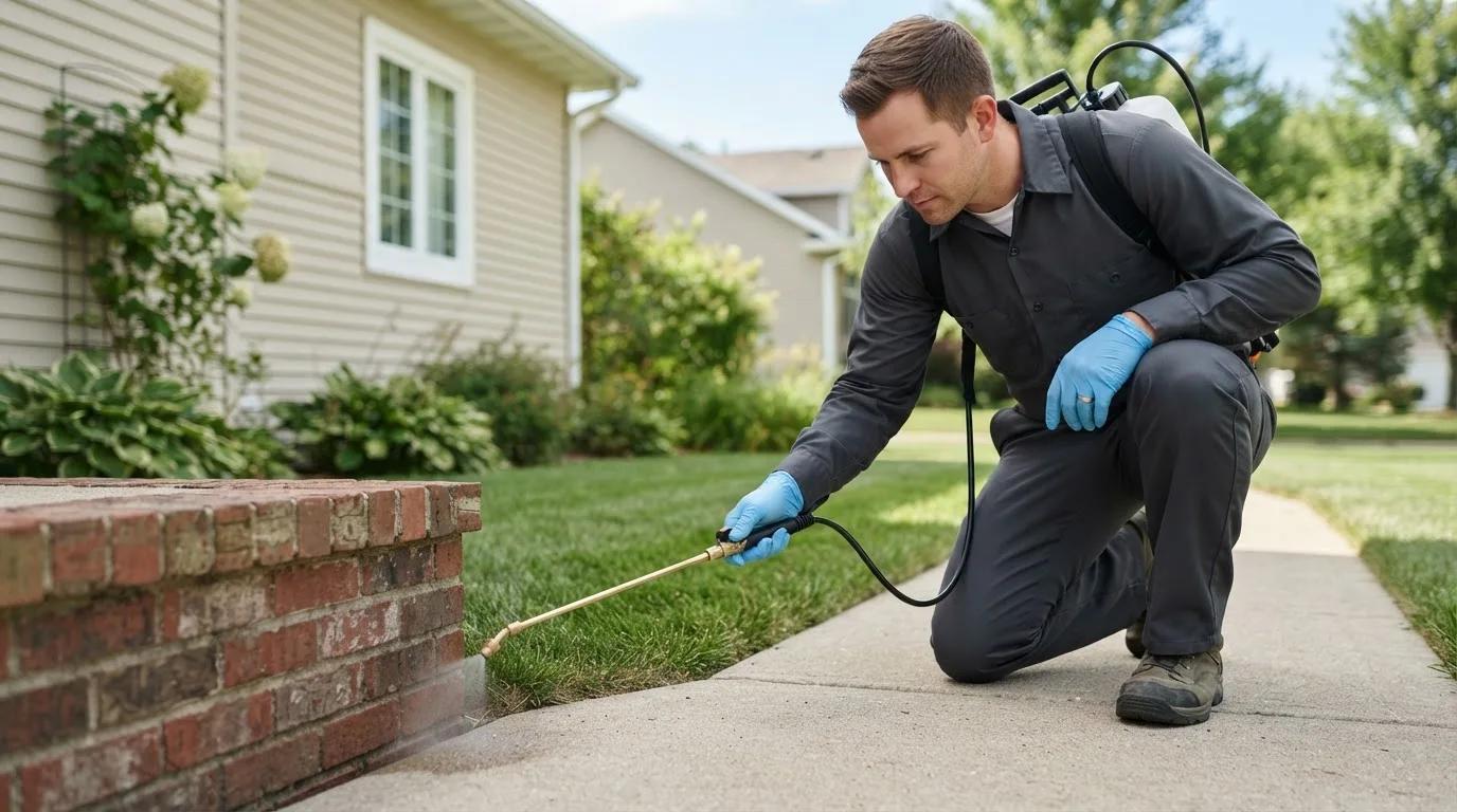 Pest control technician treating a home near Deerfield, VA
